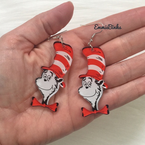✨3for$38 New Cat In The Hat Dr. Seuss Illustrated Character Dangle Earrings - Picture 5 of 11